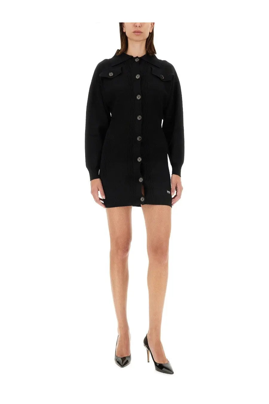 Black knitted Moschino Jeans women’s mini dress with collar and two chest pockets button-down style