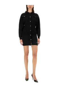 Black knitted Moschino Jeans women’s mini dress with collar and two chest pockets button-down style