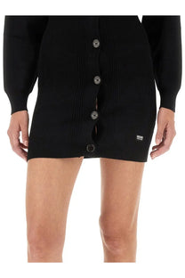 Black knitted Moschino Jeans women’s mini cardigan dress with silver buttons and small embroidered logo on lower right side