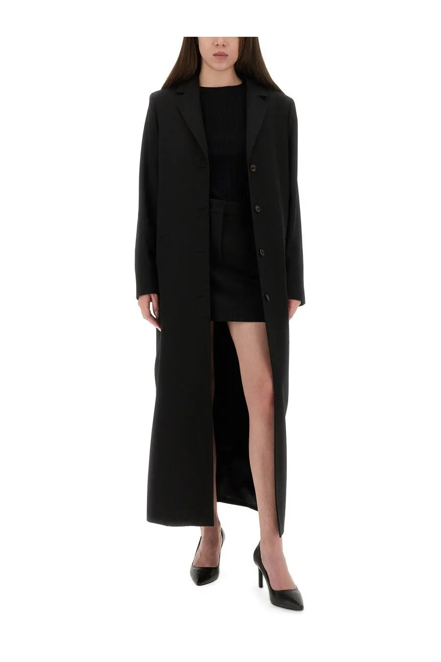 Black moschino jeans women’s tailored long coat with front slit and button closure perfect for stylish wear