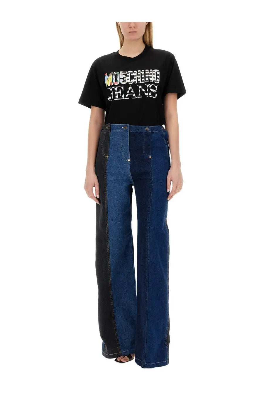Black and blue denim wide-leg pants with bold color-block design from Moschino jeans women’s shirt black collection