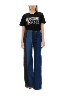 Black and blue denim wide-leg pants with bold color-block design from Moschino jeans women’s shirt black collection