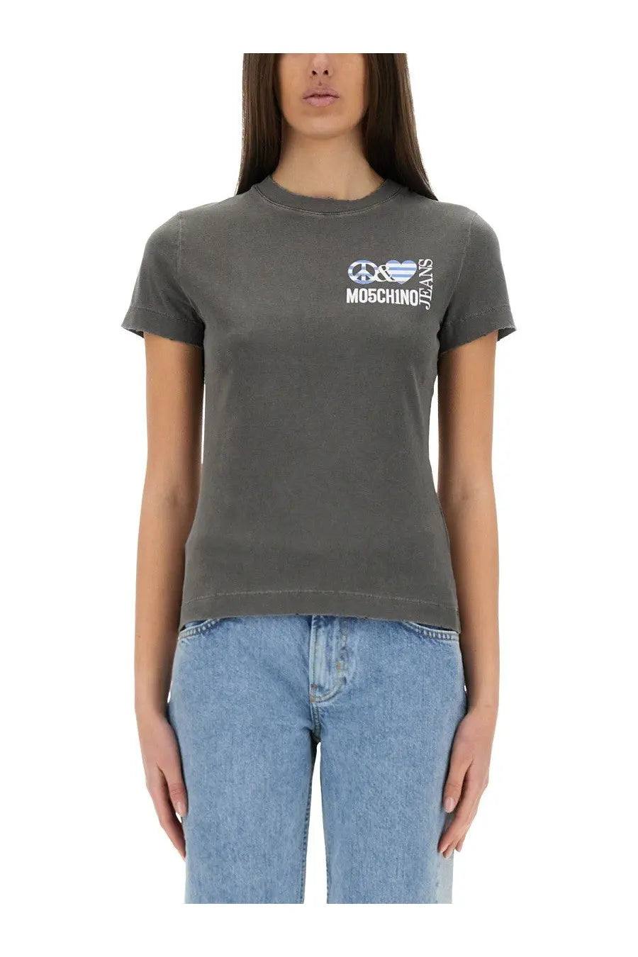 Moschino Jeans women’s dark gray t shirt with white peace and heart logo in cotton blend fabric