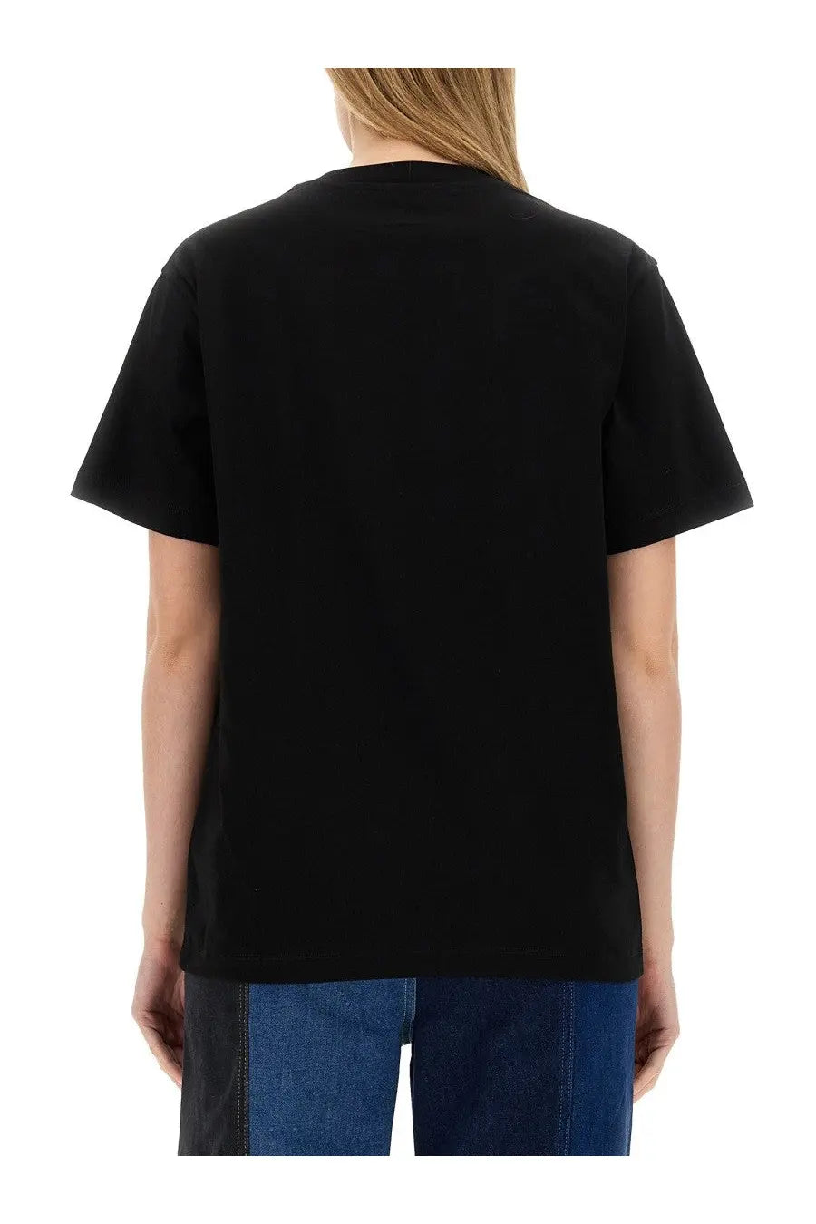Moschino Jeans women’s black short-sleeved t-shirt with a simple solid design ideal for casual wear