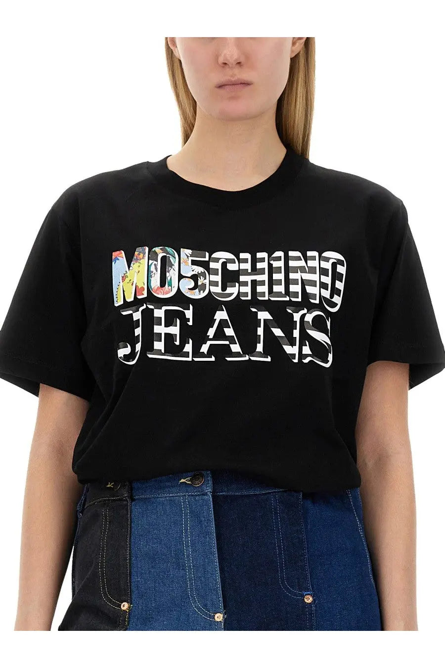 Black Moschino Jeans women’s t-shirt featuring bold white lettering and a colorful collage-style graphic design