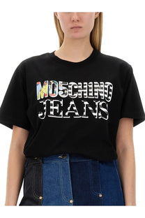 Black Moschino Jeans women’s t-shirt featuring bold white lettering and a colorful collage-style graphic design