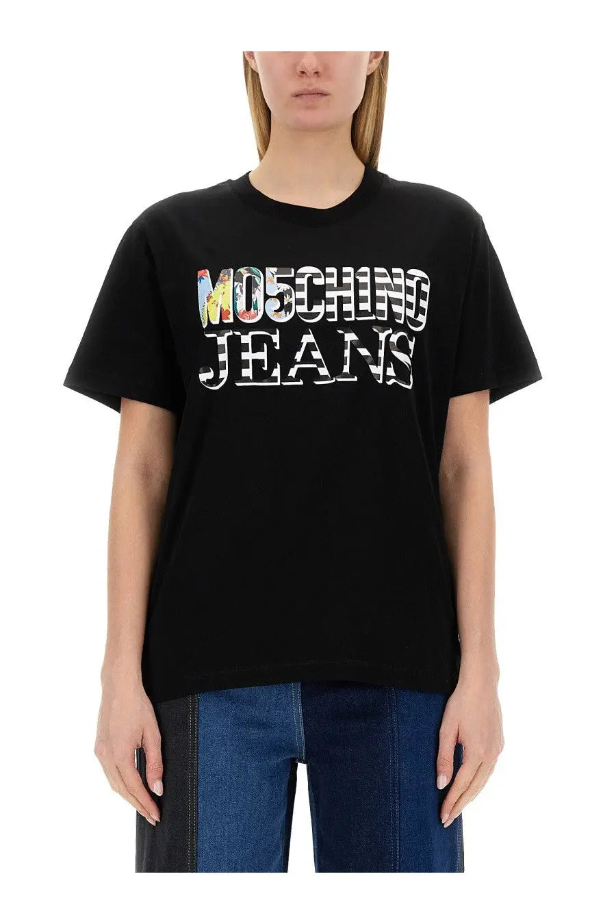 Moschino jeans women’s black t-shirt featuring a bold colorful graphic logo across the chest