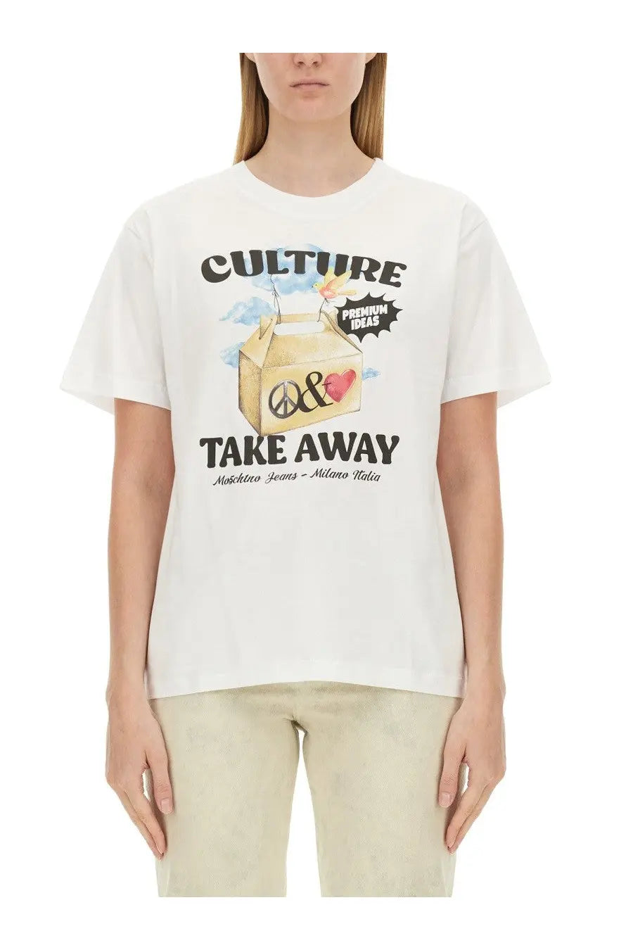 Moschino Jeans women shirt white cotton t-shirt with colorful peace and heart take-out box graphic print