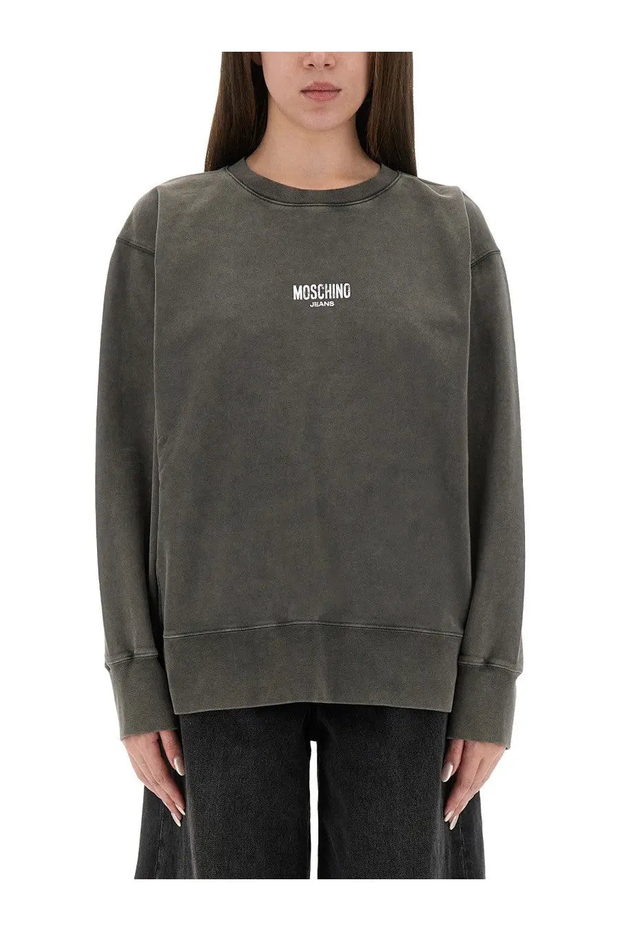 Moschino Jeans women’s olive green sweatshirt with white embroidered logo on chest in cotton blend fabric