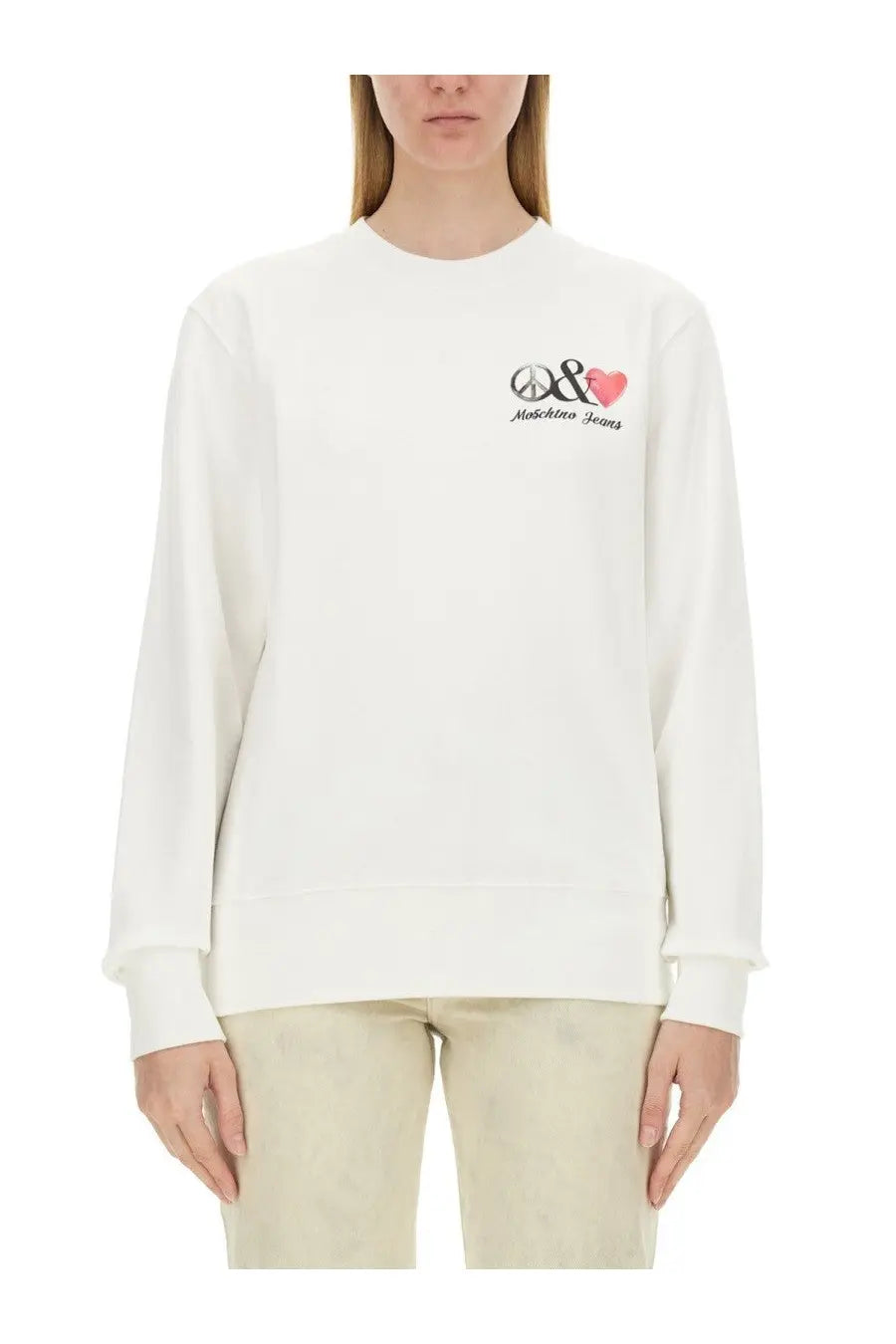White Moschino Jeans women’s sweatshirt with black and pink embroidered peace sign and heart logo on the chest