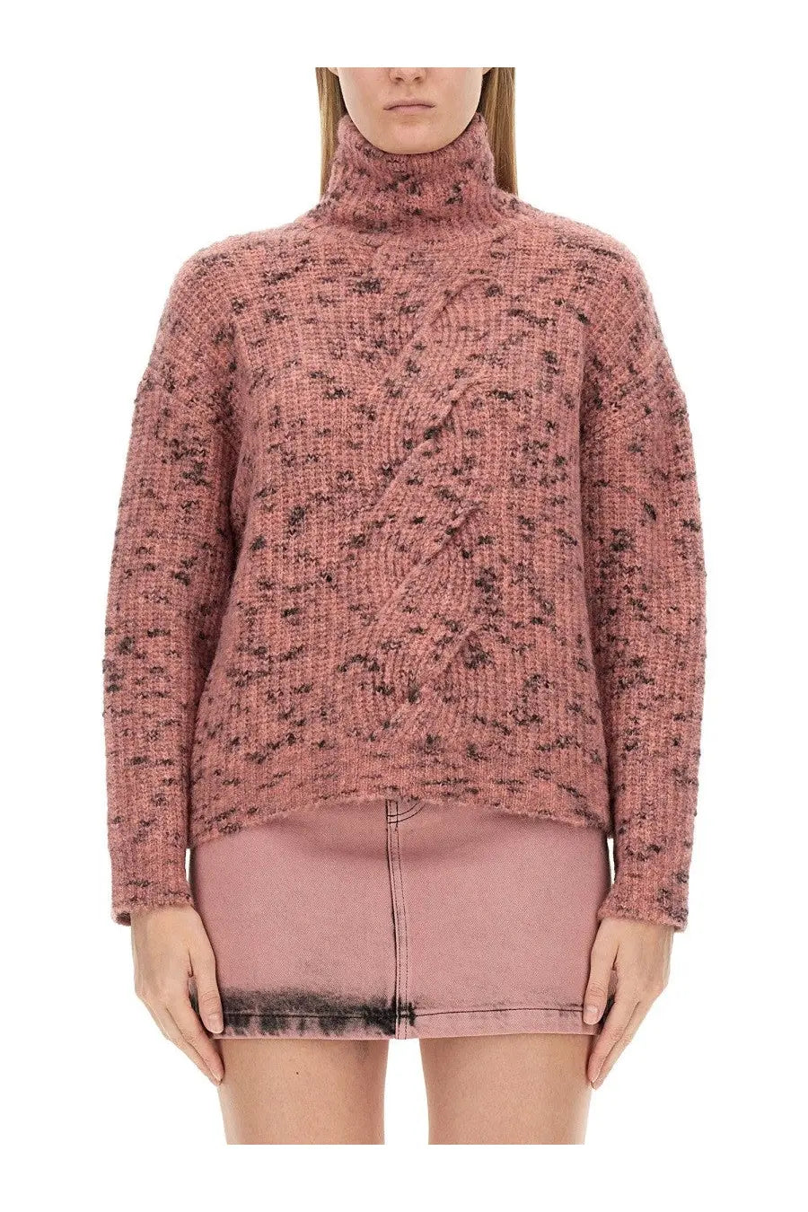 A soft pink textured knit sweater with a high turtleneck and subtle black speckles in moschino jeans women’s turtleneck shirt blue