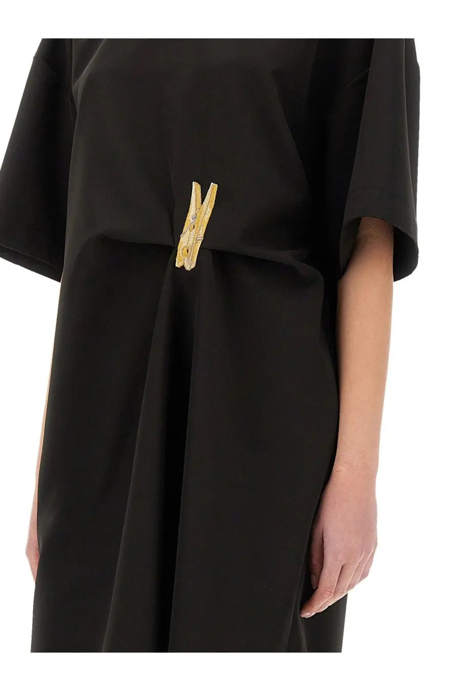 Moschino jeans women’s urban black dress with gold metal clothespin belt buckle on front