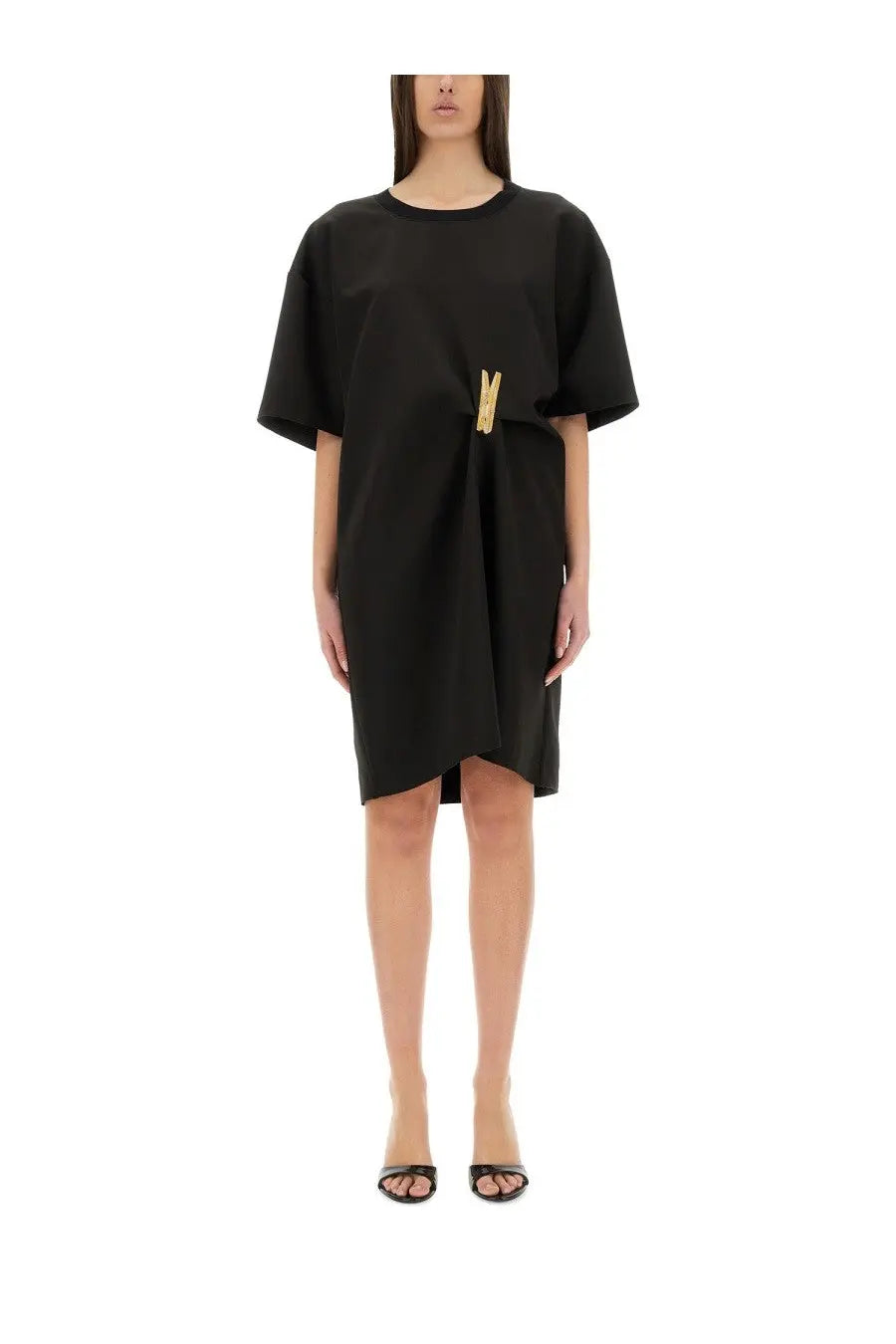 Moschino Jeans women’s black oversized t-shirt dress with gold clothespin detail at the waist