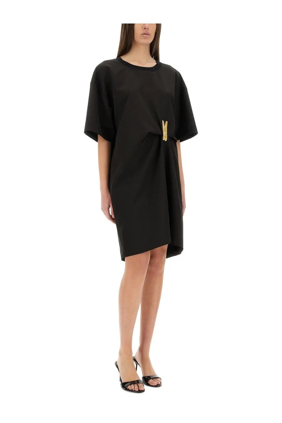 Moschino Jeans women’s black oversized t-shirt dress with gold-tone logo clasp at the waist for urban wear
