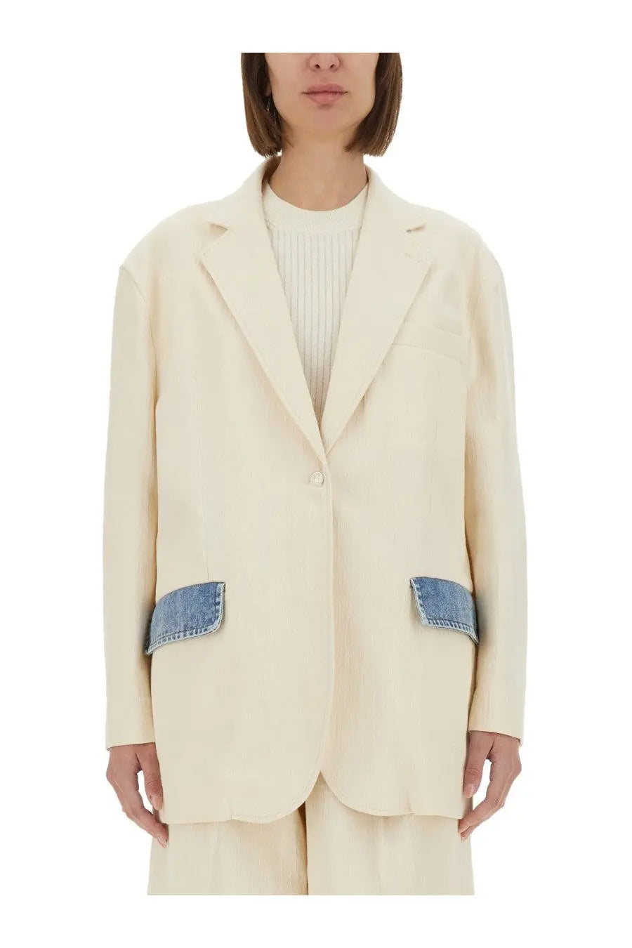 Cream-colored Moschino Jeans women’s urban blazer with denim patch pockets in white for casual wear