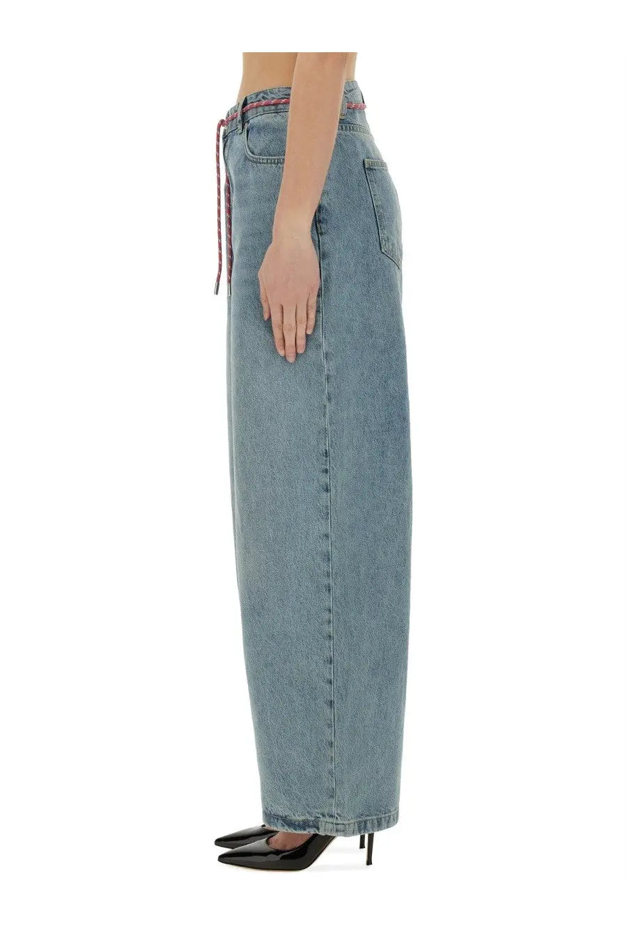 Moschino jeans women’s wide fit light-wash denim trousers with drawstring waistband and red and white striped cord