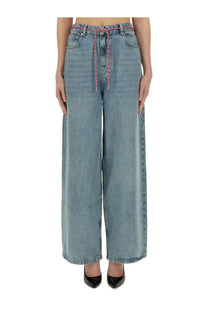 Moschino jeans women’s wide fit light-wash denim trousers with a pink and white braided drawstring waistband