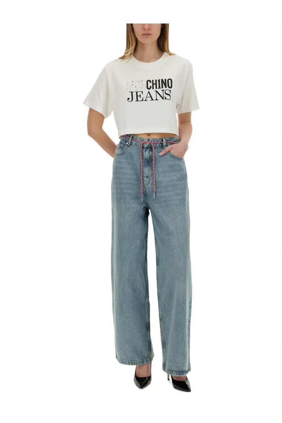 Moschino jeans women’s wide fit light-wash denim jeans with drawstring waistband and pink and blue striped cord
