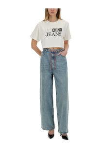 Moschino jeans women’s wide fit light-wash denim jeans with drawstring waistband and pink and blue striped cord