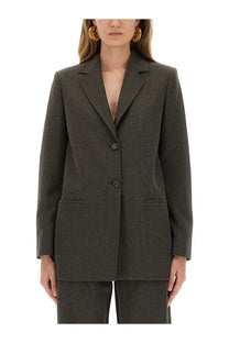 Moschino Jeans womens dark olive wool-blend blazer with flap pockets