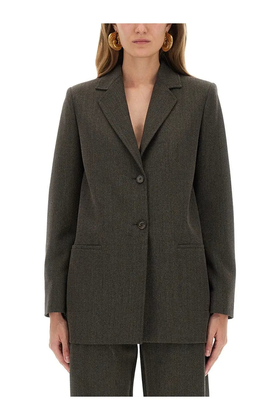 Moschino Jeans women’s wool blend blazer in dark olive green with subtle texture and front flap pockets