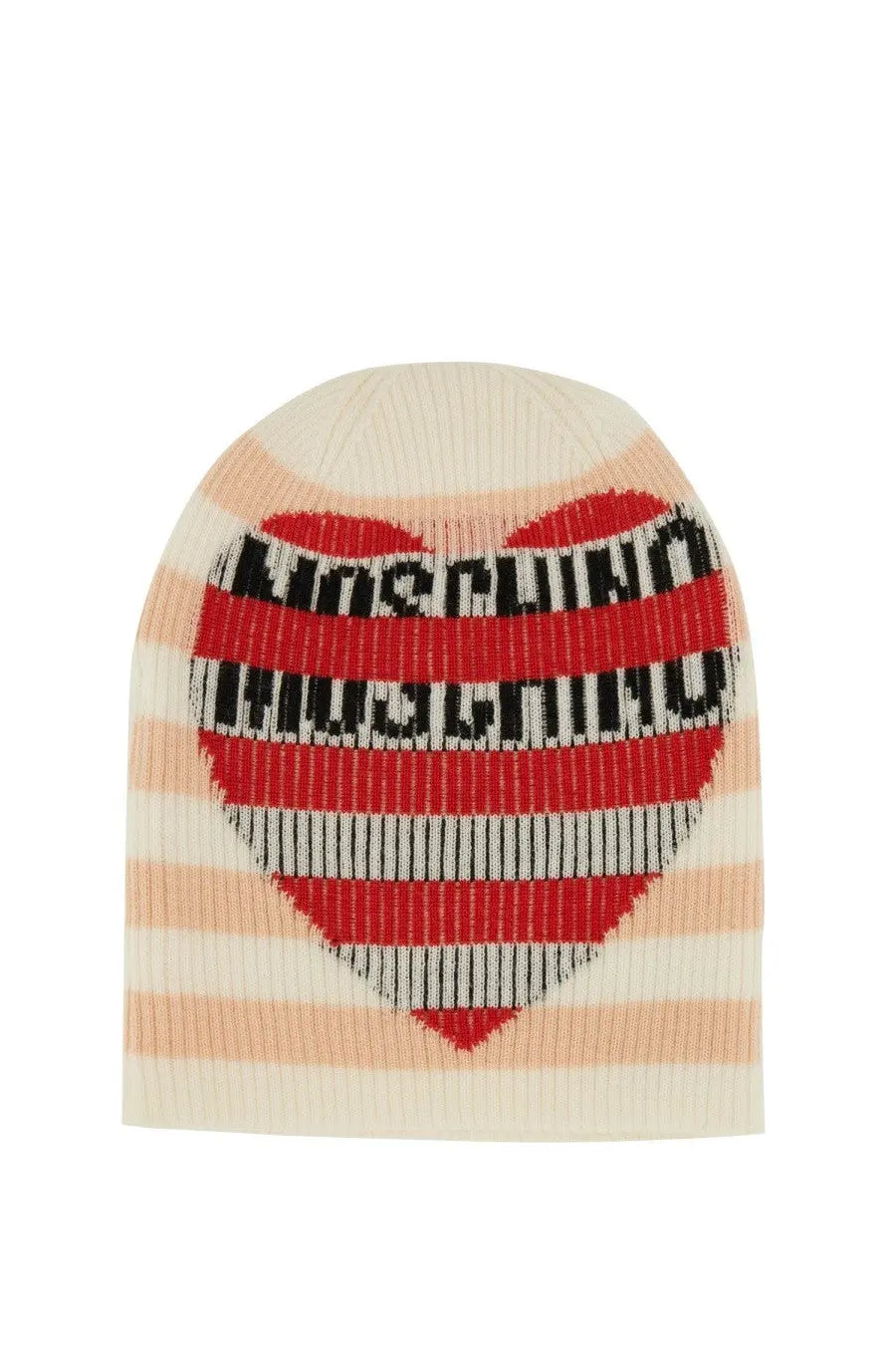 Cream-colored wool beanie with a bold red heart and black moschino lettering multicolor stripes from Moschino Jeans