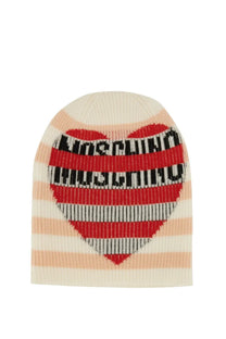 Cream-colored wool beanie with a bold red heart and black moschino lettering multicolor stripes from Moschino Jeans