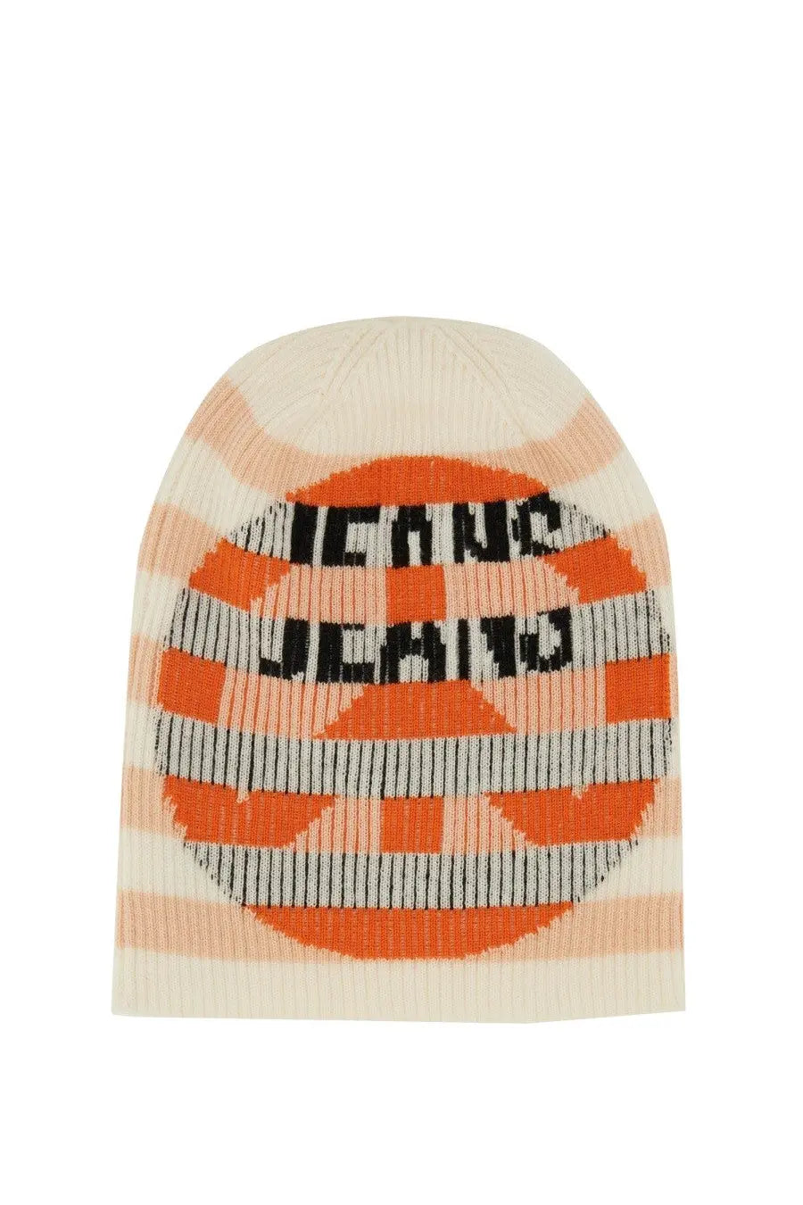 Moschino Jeans women’s wool cap cream knitted beanie with bold orange gray stripes and black circular logo