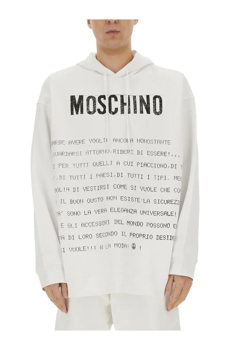 Moschino men’s archive message hoodie white with bold black lettering on cotton fabric across the chest and front