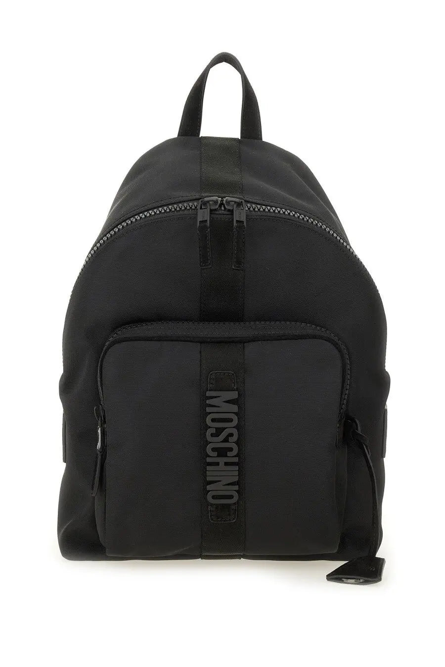 Moschino men’s black backpack with sleek minimalist design and bold vertical branding on front pocket