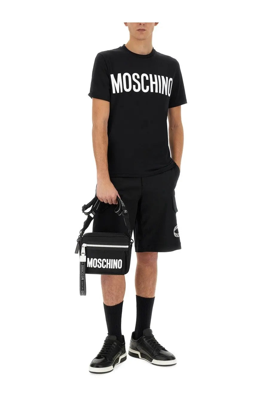 Black moschino men’s bermuda crossbody bag with white logo and zipper details in leather material