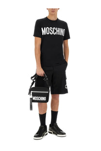 Black moschino men’s bermuda crossbody bag with white logo and zipper details in leather material