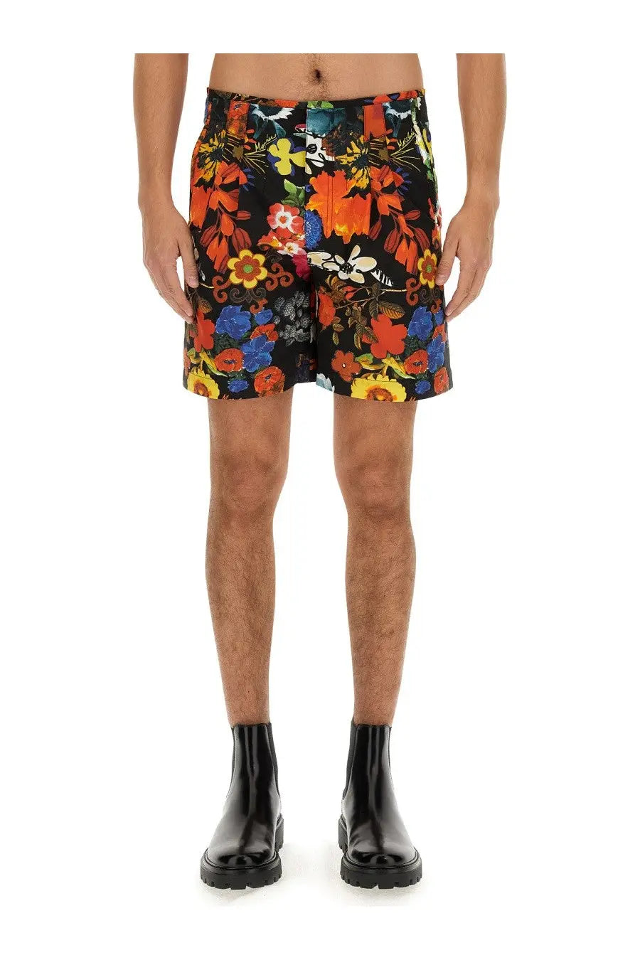 Moschino men’s bermuda shorts with vibrant red orange blue and yellow floral pattern on black background