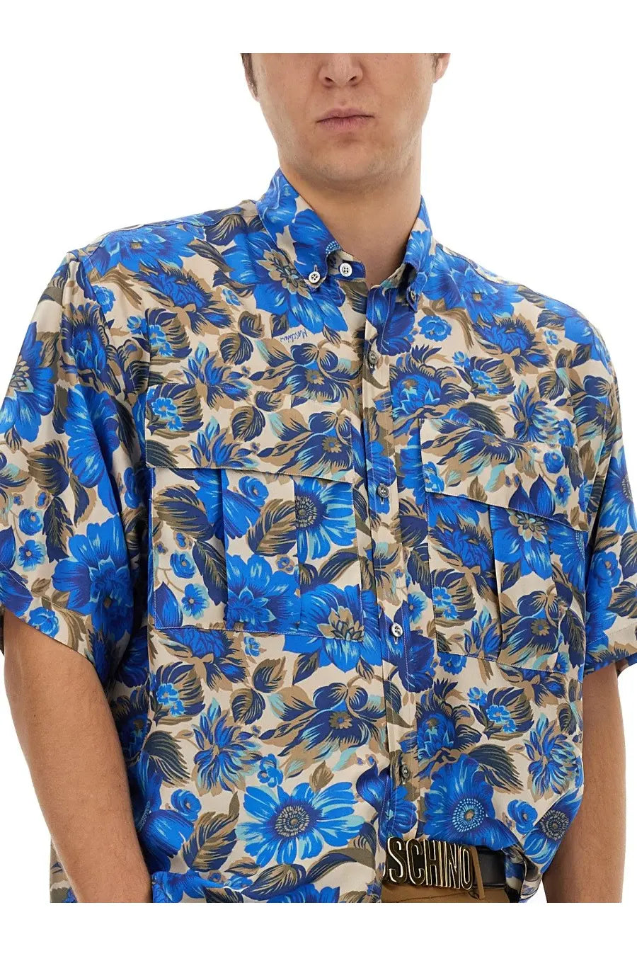 Moschino Men's Blue Flowers Allover Print Shirt Multicolor, view 4