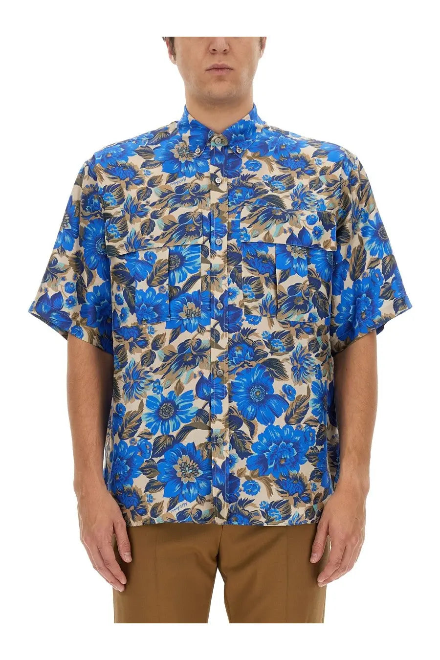 Moschino Men's Blue Flowers Allover Print Shirt Multicolor