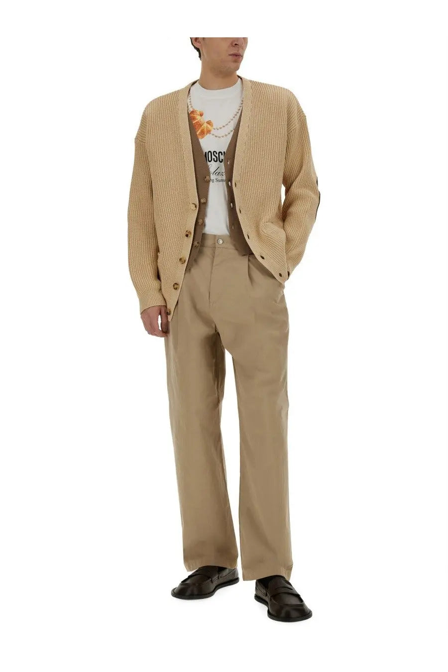 Beige ribbed knit cardigan with gold-tone buttons shown with moschino men’s breakfast shirt white