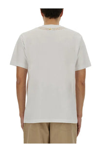 Moschino men’s white cotton breakfast shirt with delicate gold-tone chain detail along the neckline