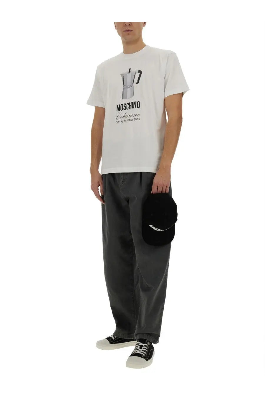 Moschino men’s white cotton t-shirt with black coffee percolator graphic and spring summer 2025 text