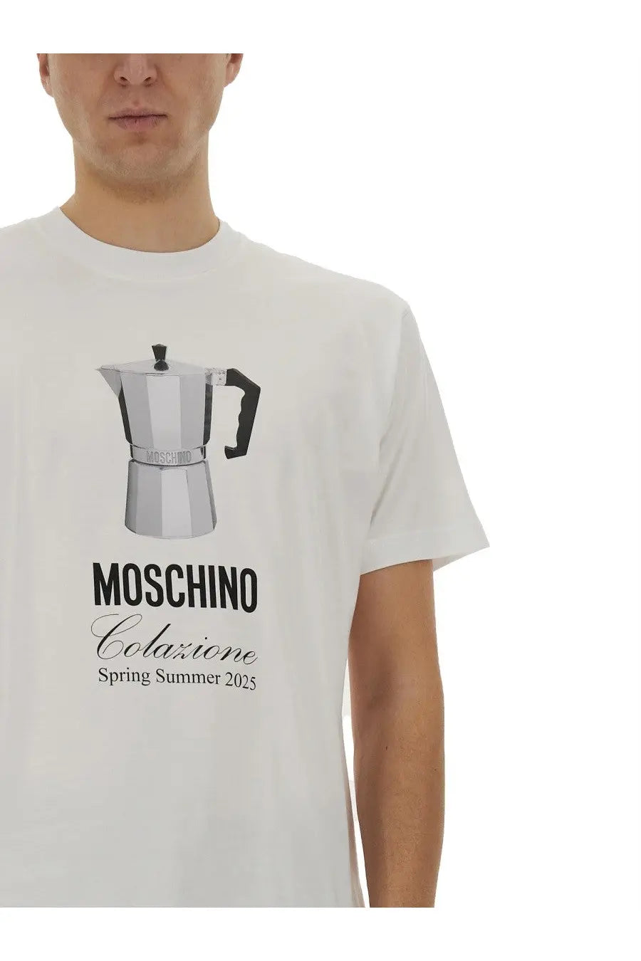 Moschino men’s white t-shirt featuring a black and silver moka pot graphic with spring summer 2025 text