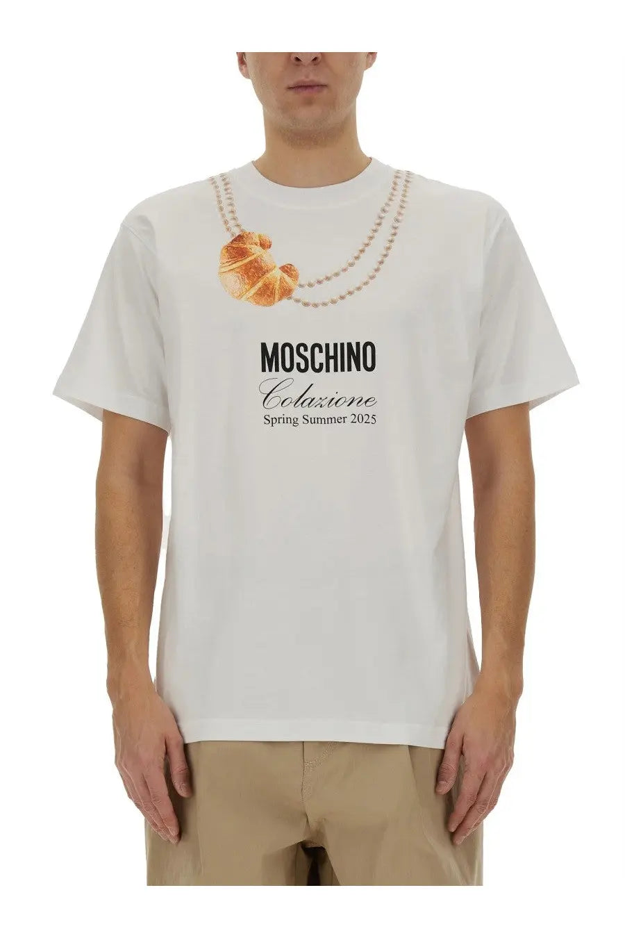 Moschino men’s white cotton t-shirt with golden brown croissant print on beaded necklace and spring summer 2025 text