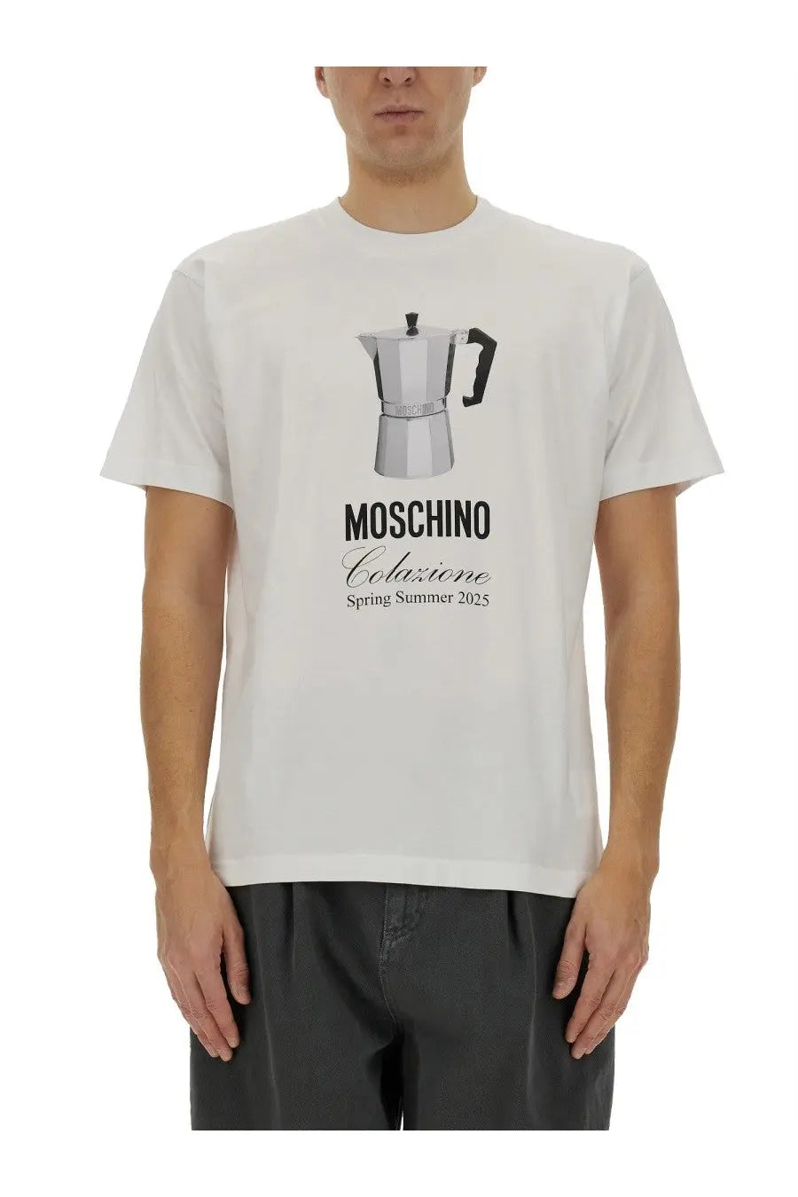 White Moschino men’s breakfast t-shirt with printed silver espresso maker graphic and bold Moschino logo below