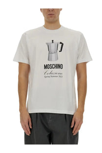 White Moschino men’s breakfast t-shirt with printed silver espresso maker graphic and bold Moschino logo below