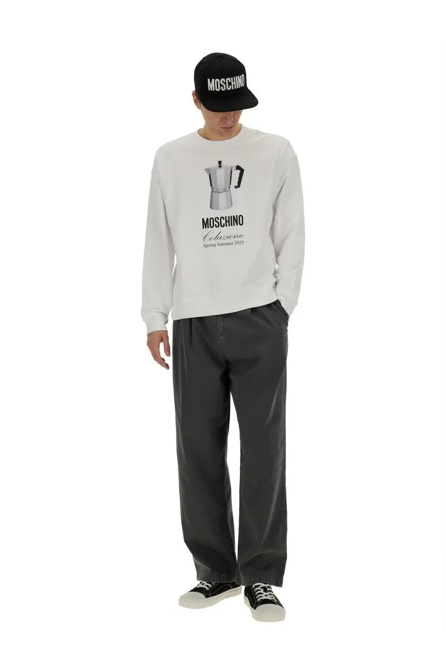 Moschino men’s white long sleeve sweatshirt with black coffee maker graphic and brand text in cotton blend
