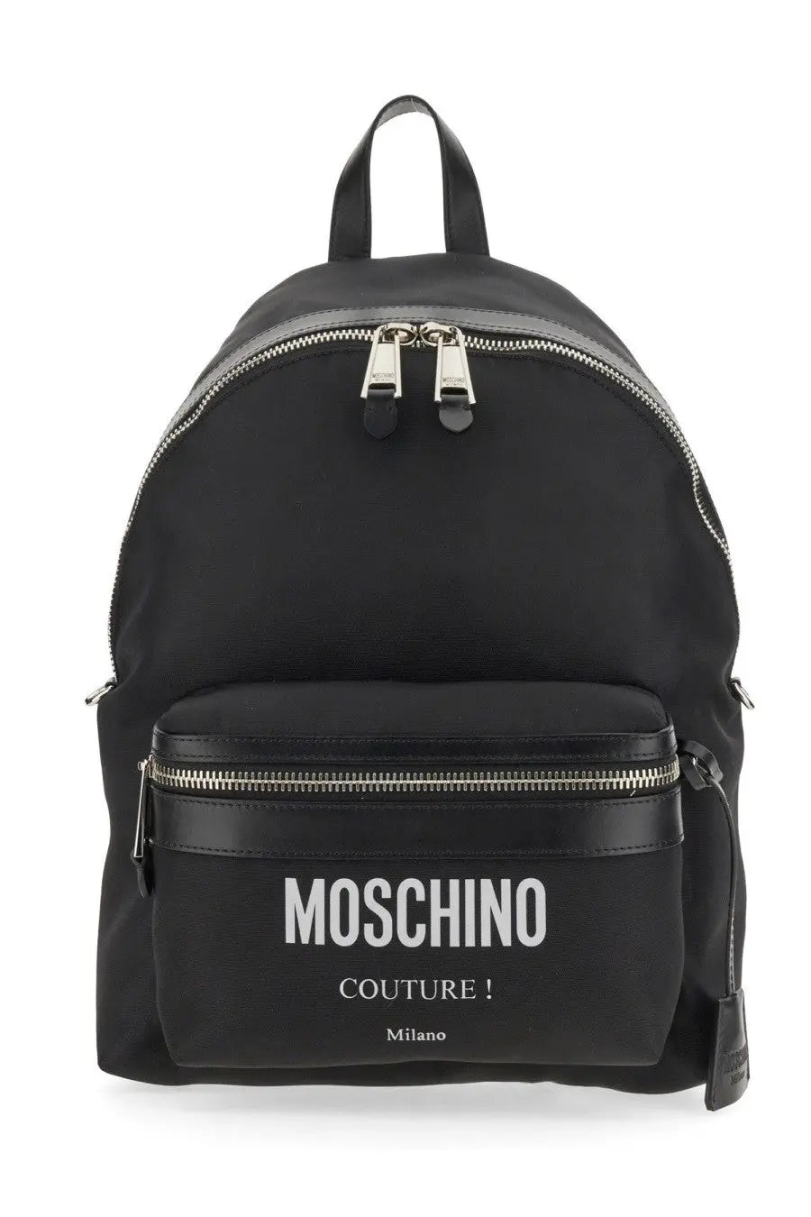 Moschino men’s large black couture backpack with bold white lettering front pocket and silver zippers
