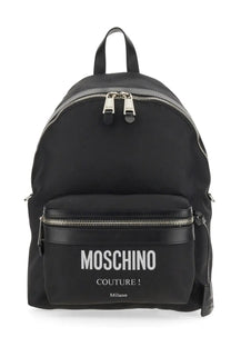 Moschino men’s large black couture backpack with bold white lettering front pocket and silver zippers