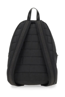 Moschino men’s large black quilted backpack with textured straps and top handle shown from the back side