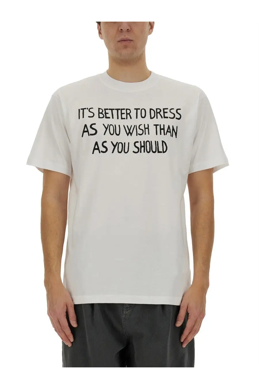 White cotton Moschino men’s t-shirt with black message print it’s better to dress as you wish than as you should