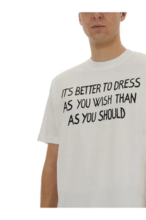 Moschino men’s white cotton t-shirt with black message print its better to dress as you wish than as you should