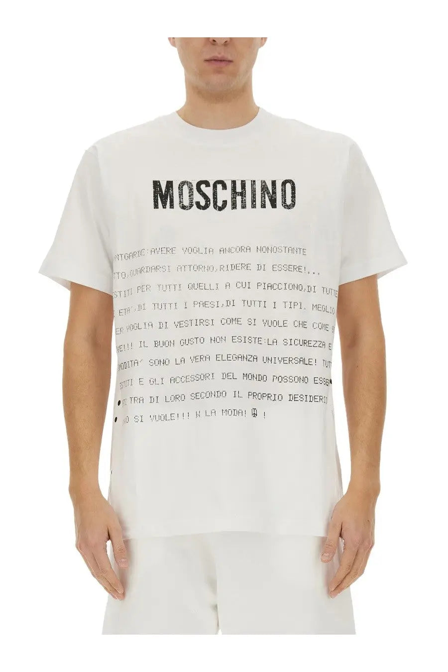 White Moschino men’s t-shirt featuring bold black lettering in a playful typographic design