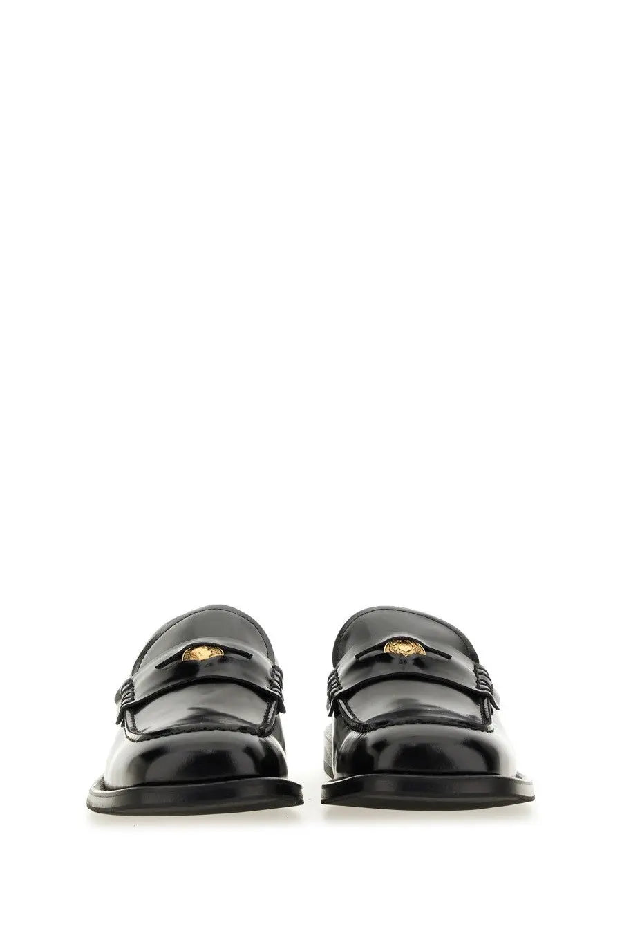 Moschino men’s moccasin Berlin black patent leather loafers with gold-tone Medusa head logo on the front